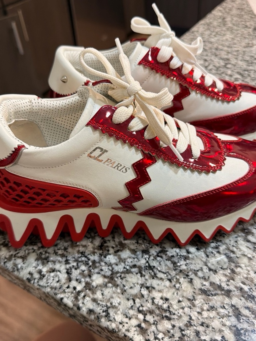 Christian Louboutin White and Red Platform Zigzag Sneakers